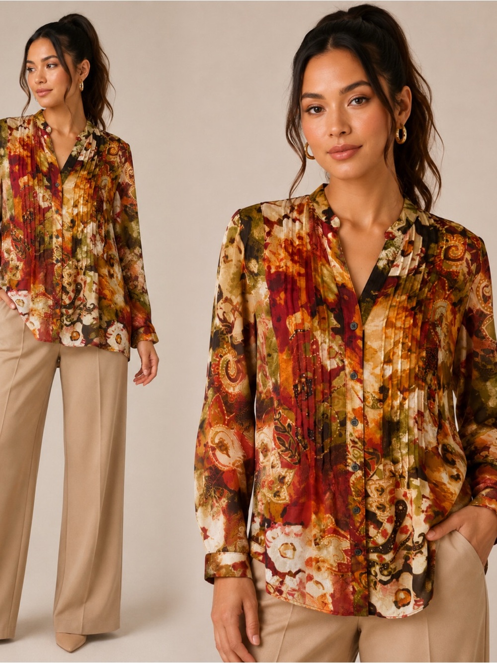 Jones New York Multi-Color Pintuck Button-Down Blouse